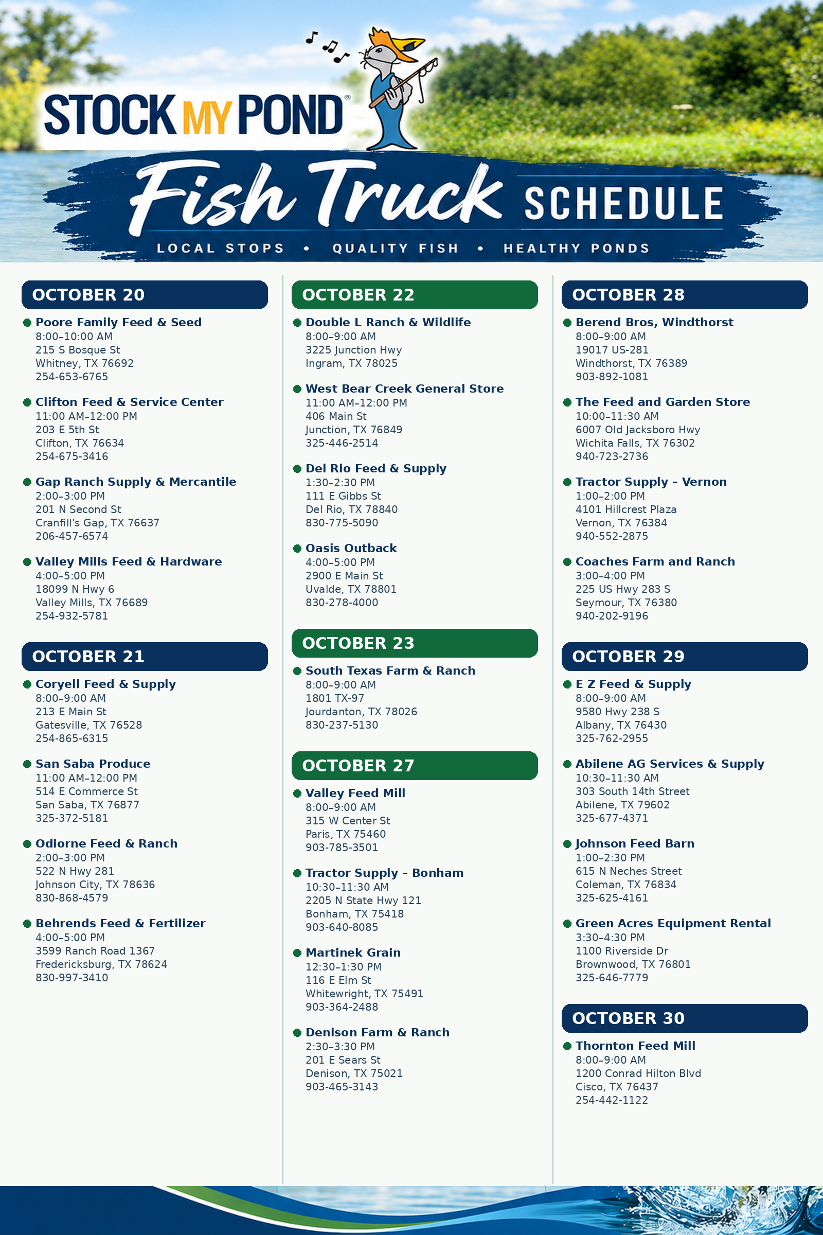 October 20-30, 2026 Pond Stocking Deliveries | Stock My Pond